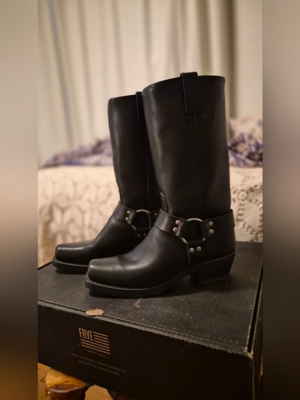 FRYE Black Harness Mid-Calf Leather Boots